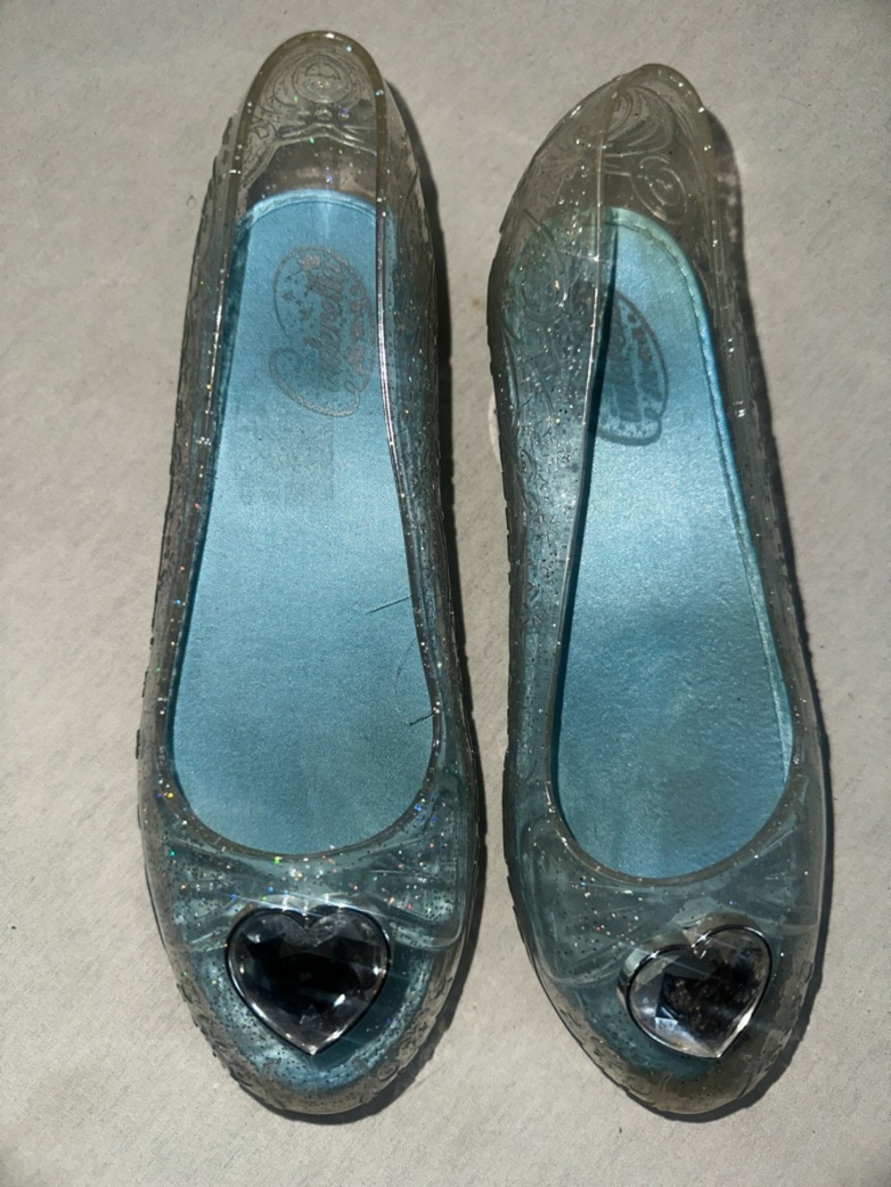 Kids OS Clear Glitter Heart Cinderella Jelly Flats with Blue Insole